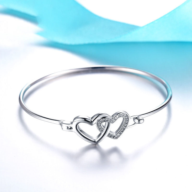 Silver Bracelet Female Oval Bracelet Love Heart-shaped Bracelet Inlaid Zircon Fashion Jewelry