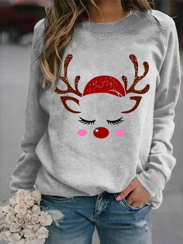 Women Loose Christmas Print Fleece Sweater