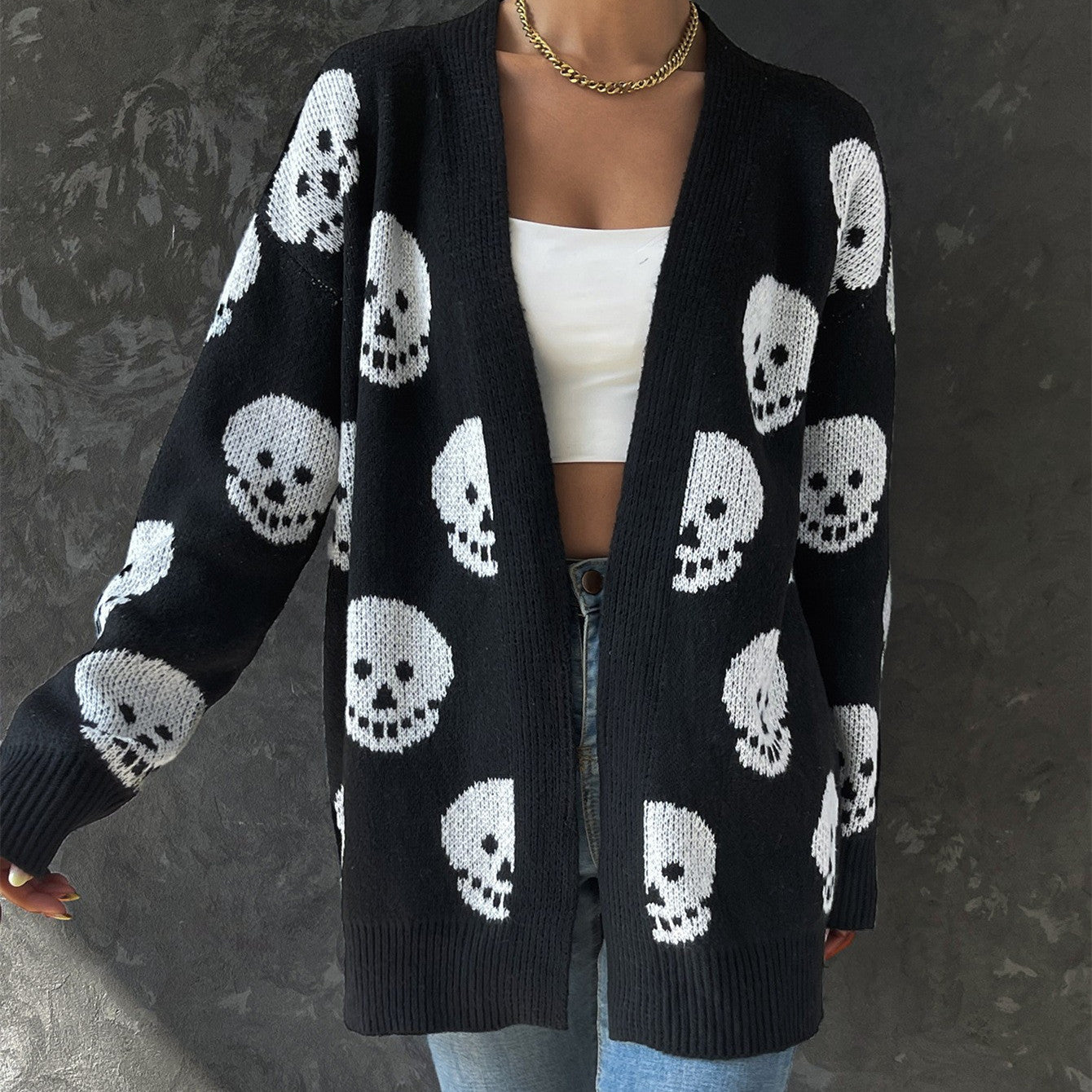 Women's Fashion Casual Halloween Skull Jacquard Knitted Long Sleeve Cardigan