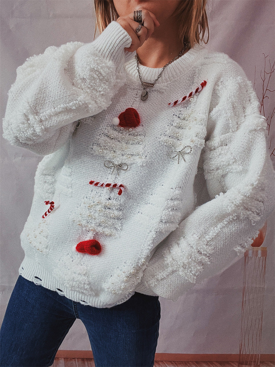 Women's Fashion Handmade Pearl Christmas Theme Sweater
