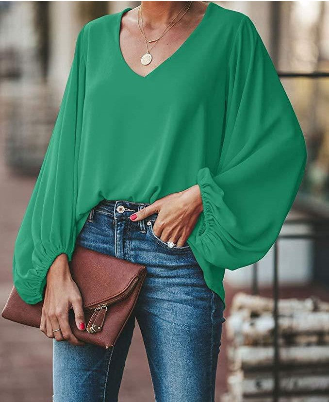 V-neck blouse with lantern sleeves