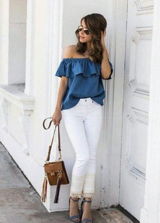 Women Off Shoulder Tops T-Shirts Summer Casual Cotton Denim