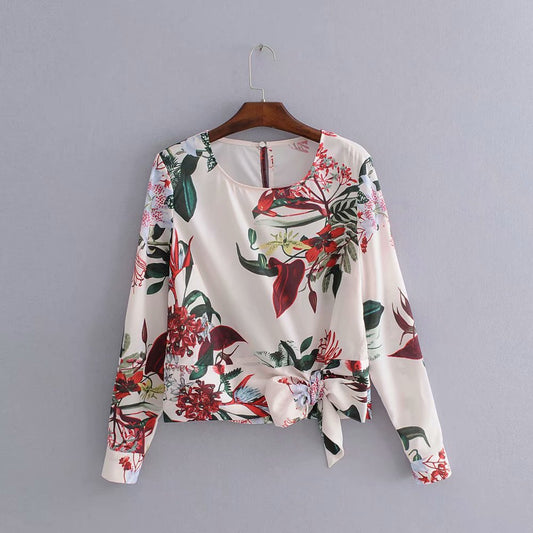 Fashion New Round Neck Knotted Printed Shirt