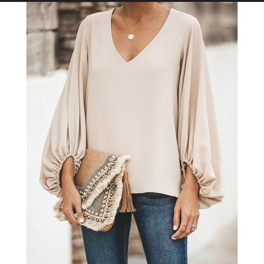 V-neck blouse with lantern sleeves