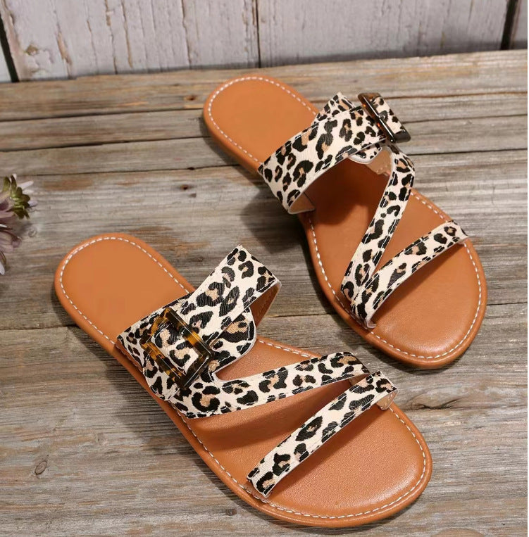 Leopard Print Slippers Summer Flat Sandals For Women Beach Shoes