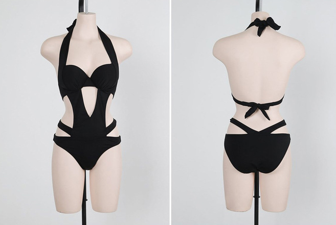Sexy Black Halter Cut Out Bandage Trikini Swim Bathing Suit