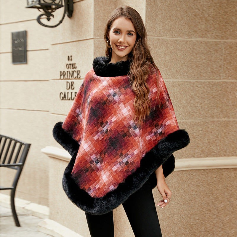 Cape Colored Plaid Thermal Knitting Shawl Women's Coat