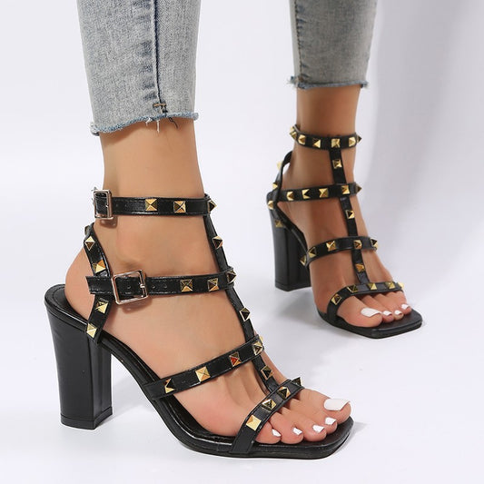 Rivet Sandals Women Buckle Strap Square-toe High Heels Shoes Gladiator