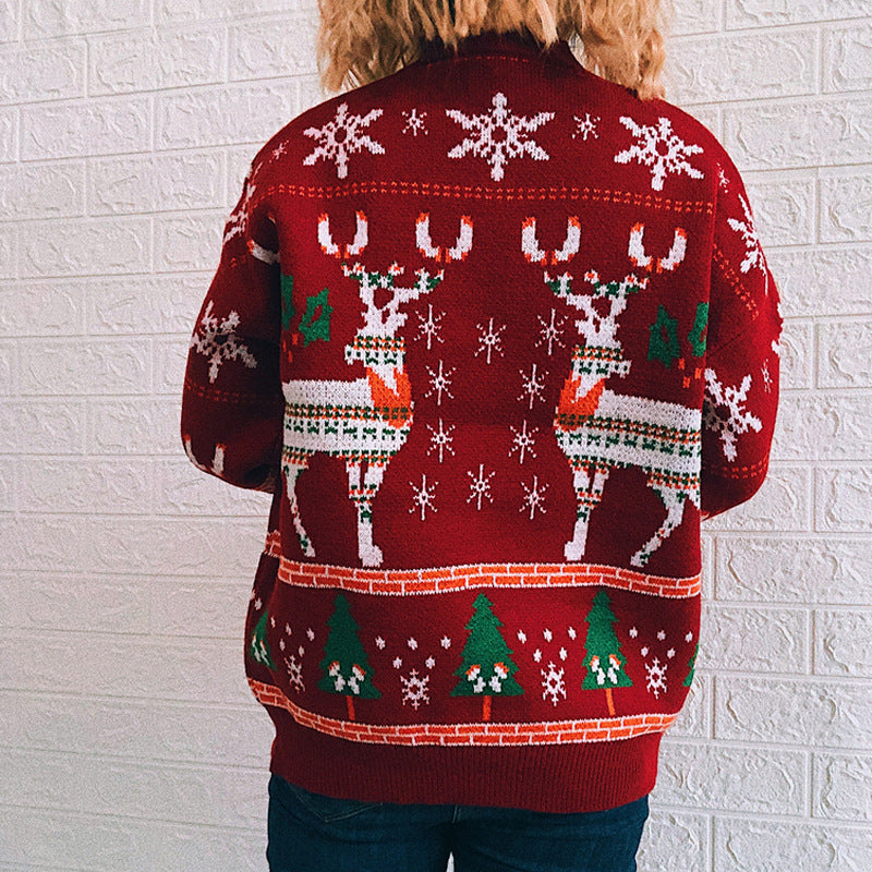 Women's Fashion Christmas Theme Elk Snowflake Christmas Tree Knitted Sweater