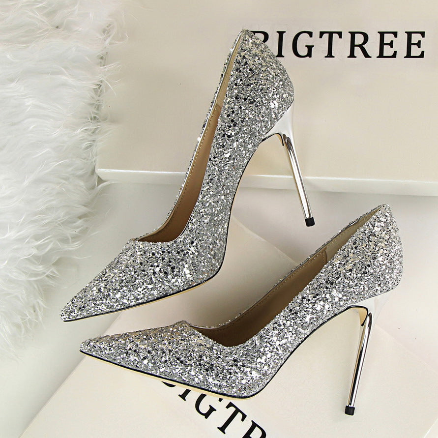 Shining sequins sexy slim nightclub high heels