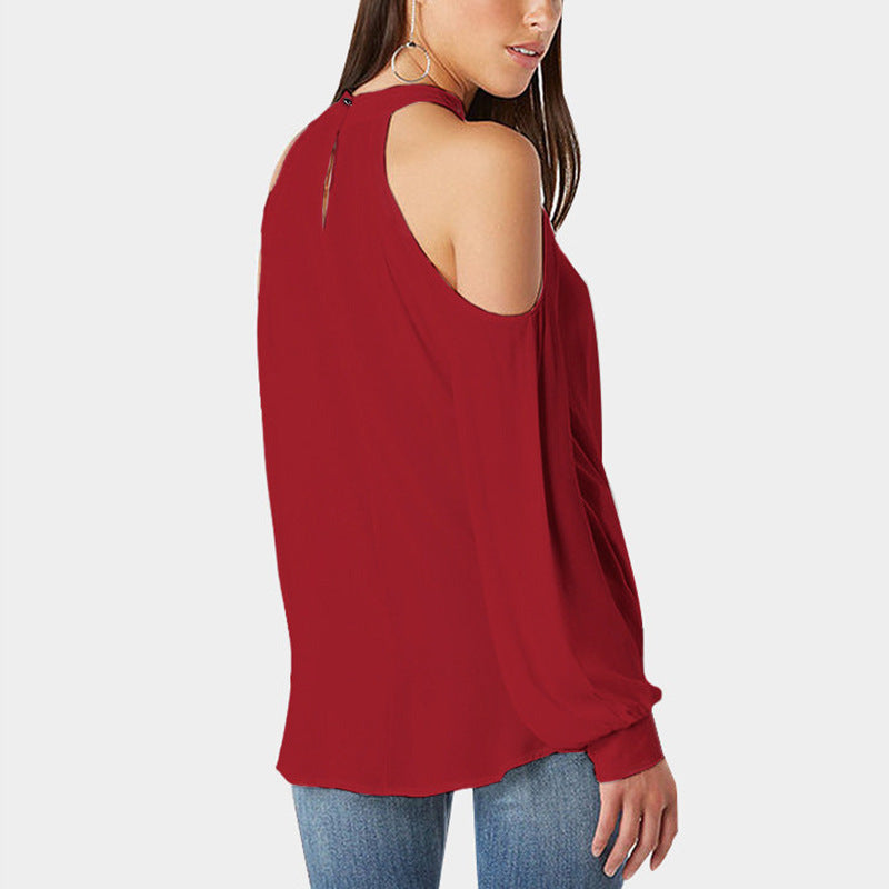 Off-shoulder Halter Button Long Sleeve Women's T-shirt