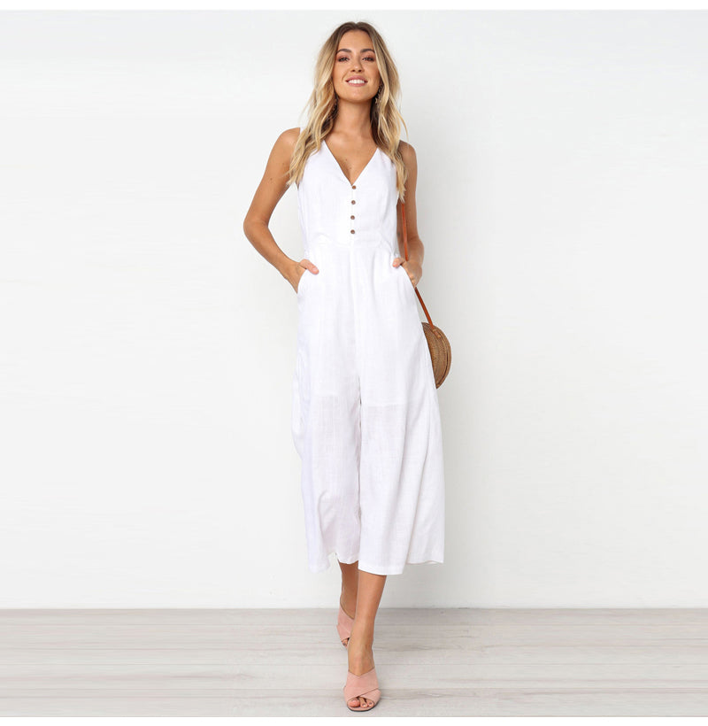 V-neck button backless jumpsuit