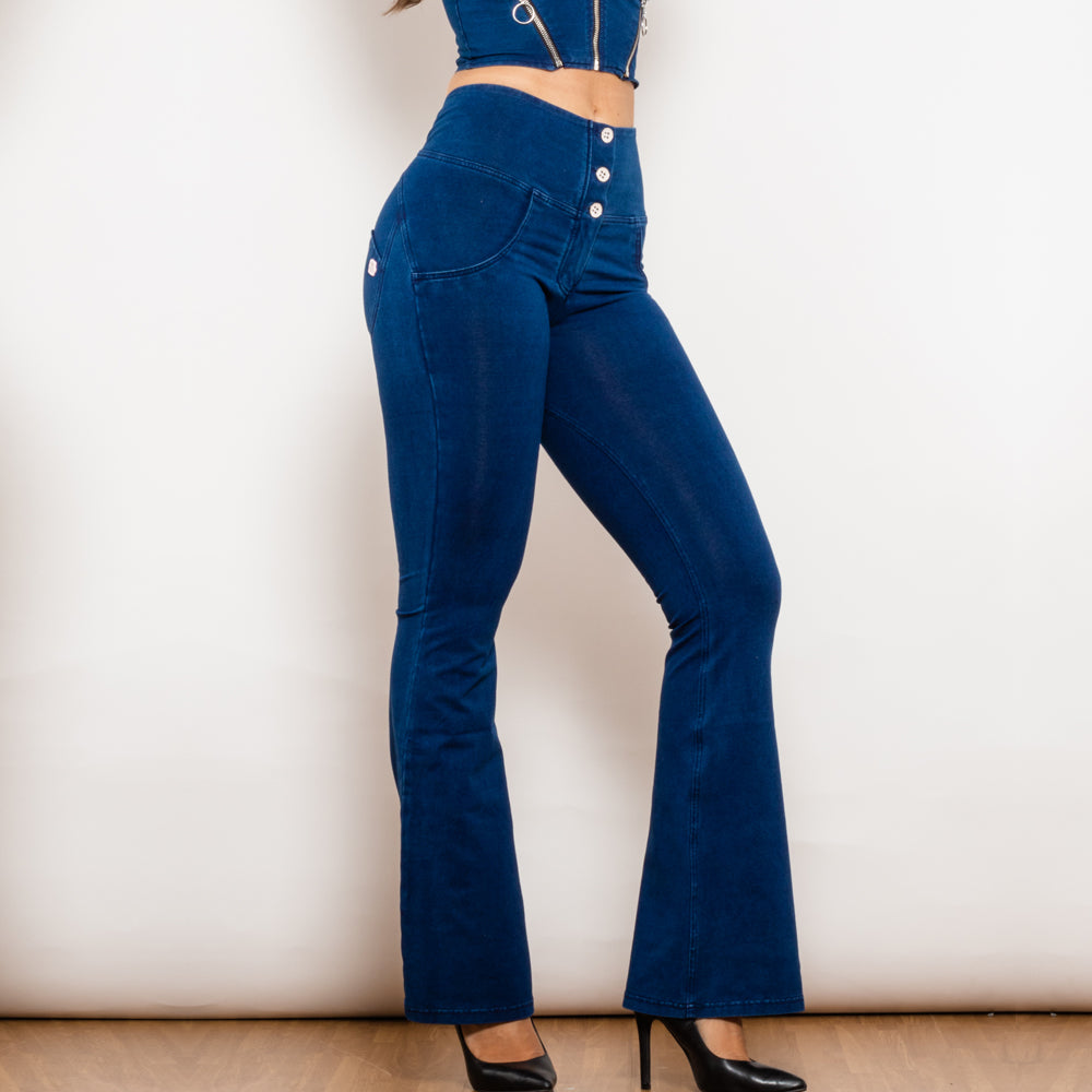 Shascullfites Melody Dark Blue Flared Lift Jeggings Button Up Jeans Bum Lift Jeans High Waist Flare Jeans Women