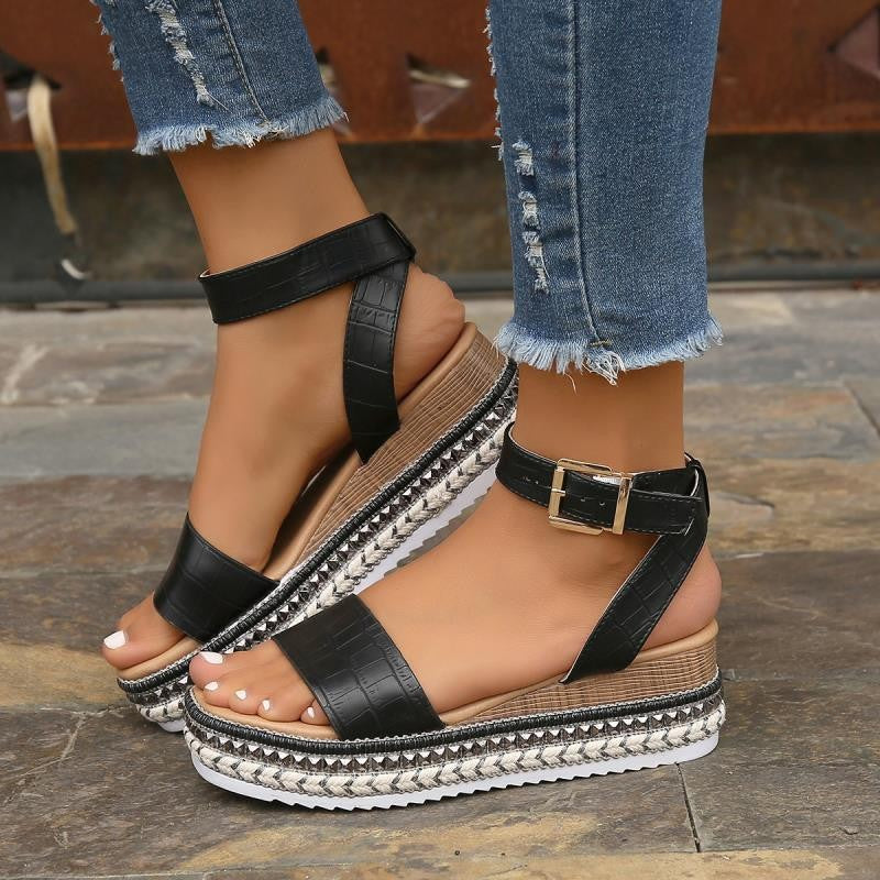 Summer Sandals Buckle Strap Hemp Wedges Platform Peep Toe Shoes Women