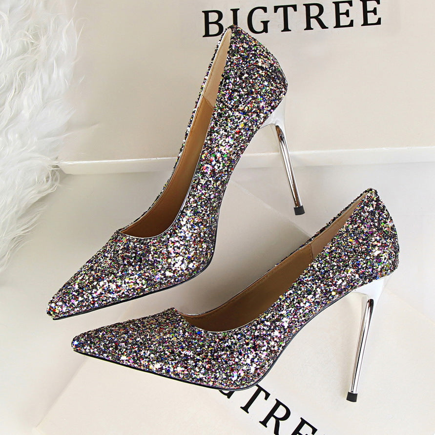 Shining sequins sexy slim nightclub high heels