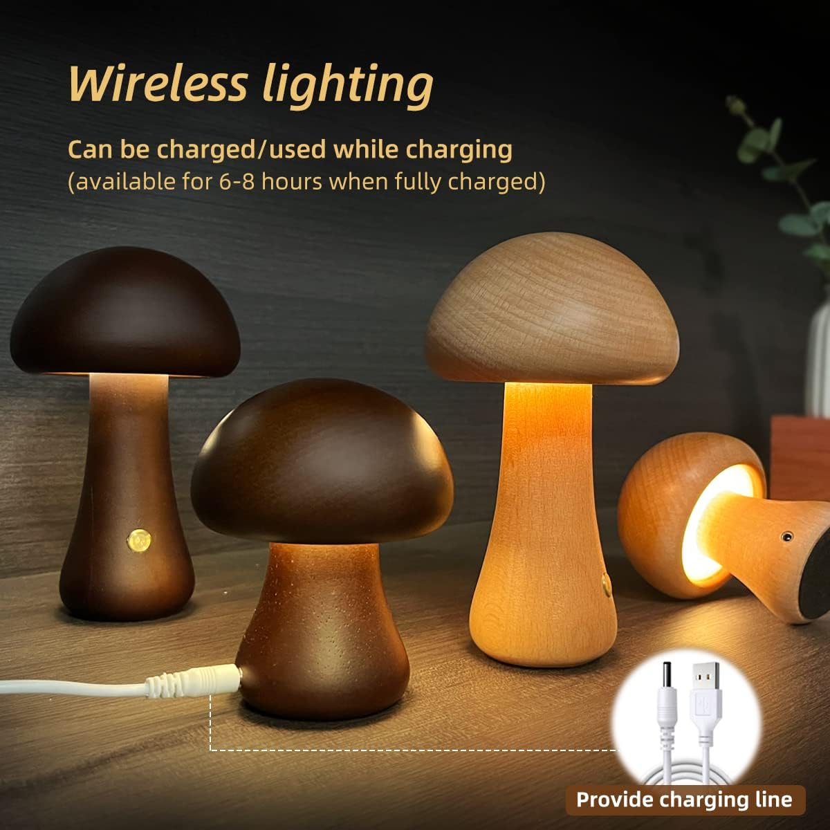 INS Wooden Cute Mushroom LED Night Light With Touch Switch  Bedside Table Lamp Home Decor