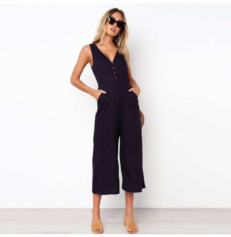 V-neck button backless jumpsuit