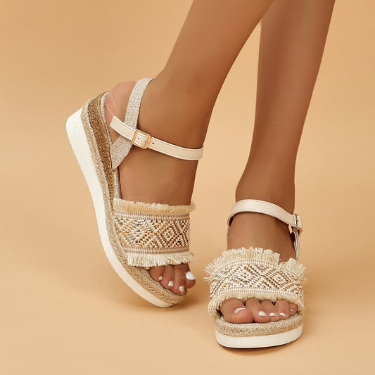 2023 Summer New Wedge Hemp Rope Ankle-strap Buckle Muffin Sandals