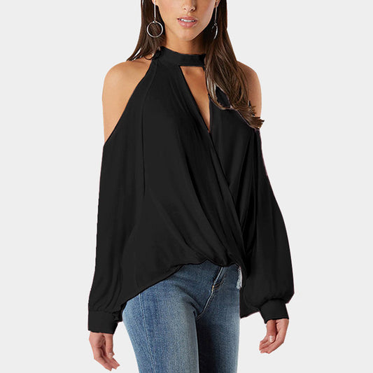 Off-shoulder Halter Button Long Sleeve Women's T-shirt