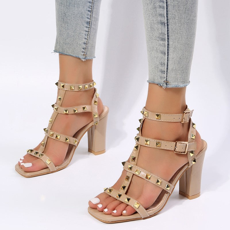 Rivet Sandals Women Buckle Strap Square-toe High Heels Shoes Gladiator