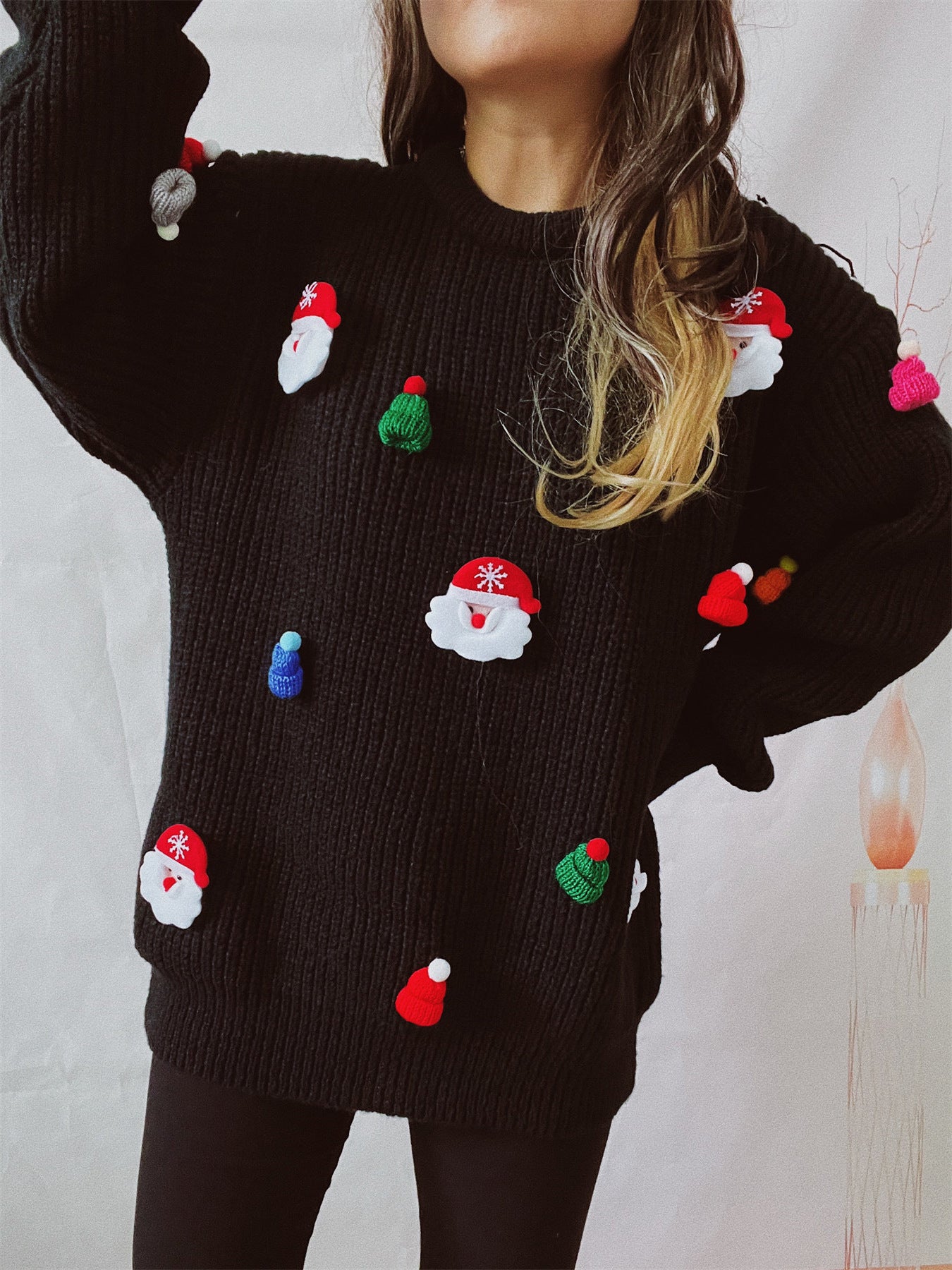 Women's Cute Fashion Santa Claus Three-dimensional Decoration Round Neck Long Sleeve Sweater