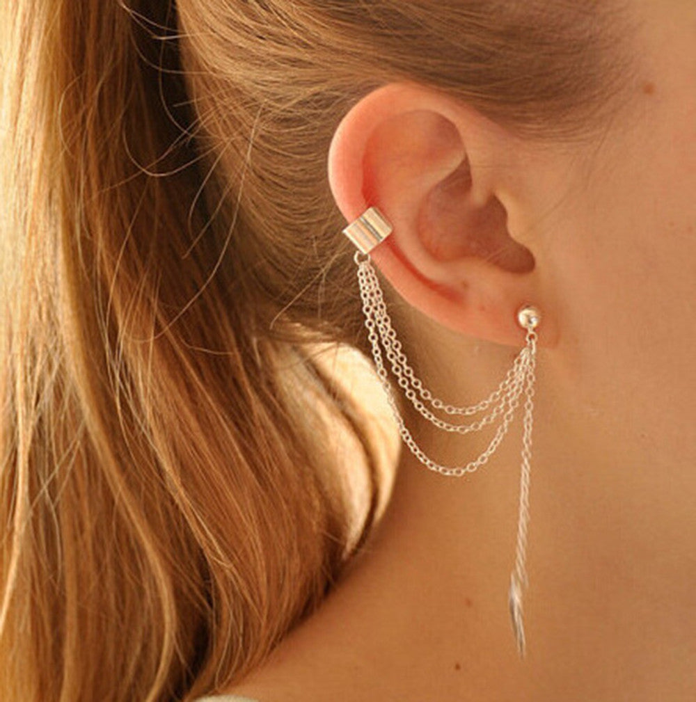 Metal leaf leaf tassel earrings ear clip jewelry women