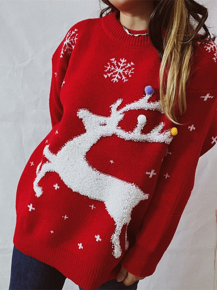 Women's Deer Snowflake Jacquard Colorful Ball Christmas Sweater