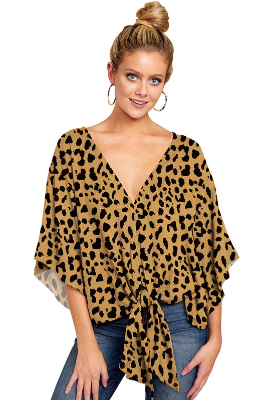 New V Neck Blouse Women Leopard Print Shirts Floral Tie Front Blouses Batwing Summer Oversize Ladies Tops