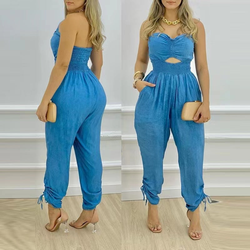 Women's Tube Top Denim Jumpsuit Sleeveless Strapless Outfits