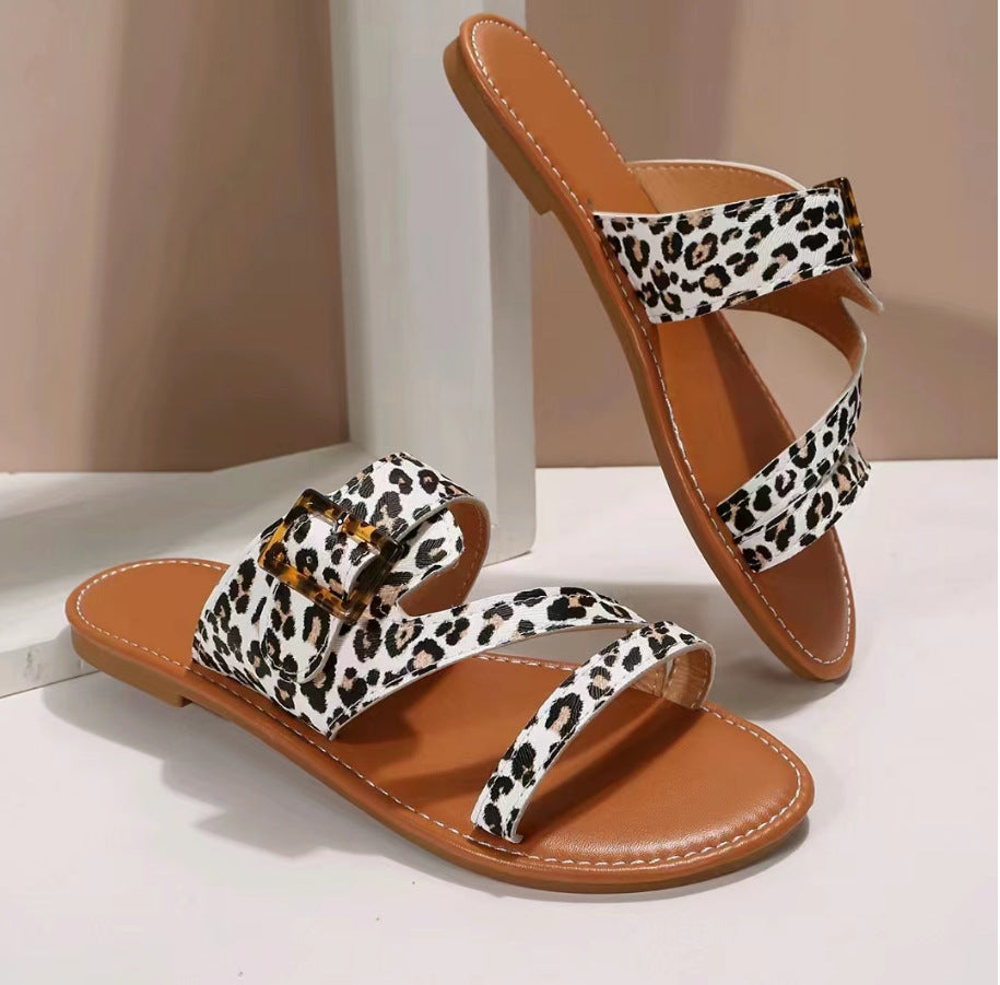 Leopard Print Slippers Summer Flat Sandals For Women Beach Shoes