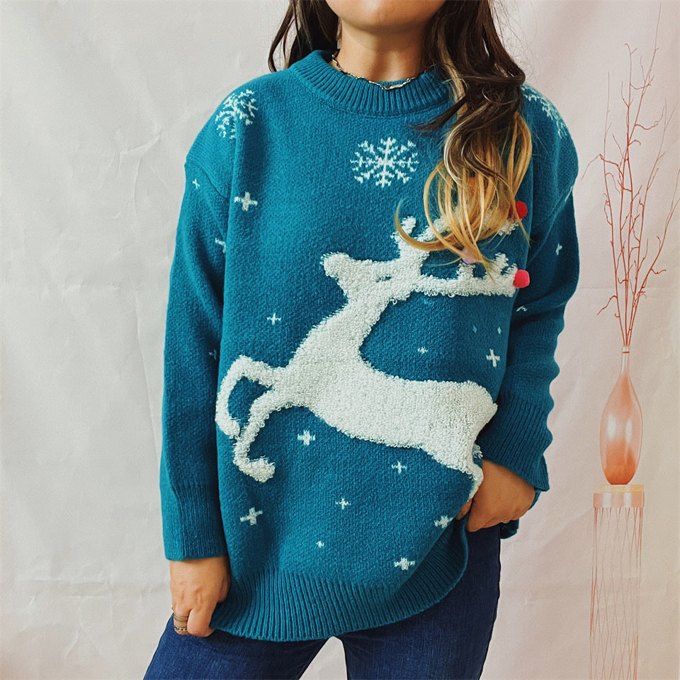 Women's Deer Snowflake Jacquard Colorful Ball Christmas Sweater