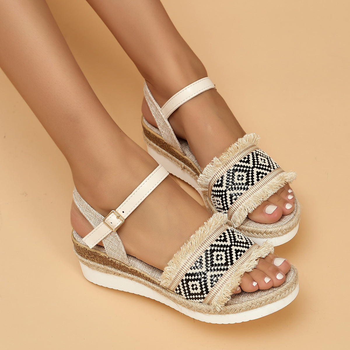 2023 Summer New Wedge Hemp Rope Ankle-strap Buckle Muffin Sandals