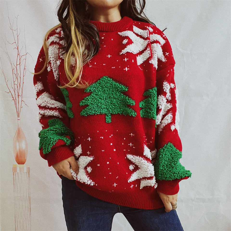 Women's Fashion Christmas Tree Jacquard Round Neck Long Sleeve Sweater
