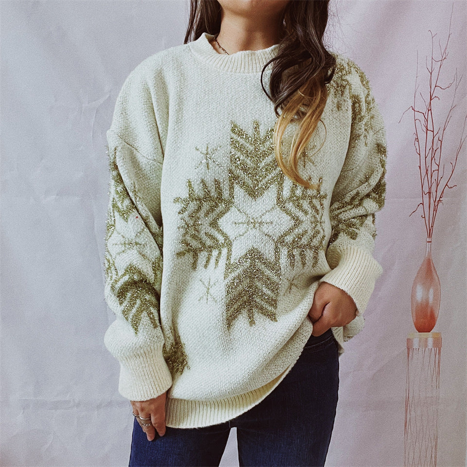 Women's Fashion Loose Gold Line Large Snowflake Christmas Sweater