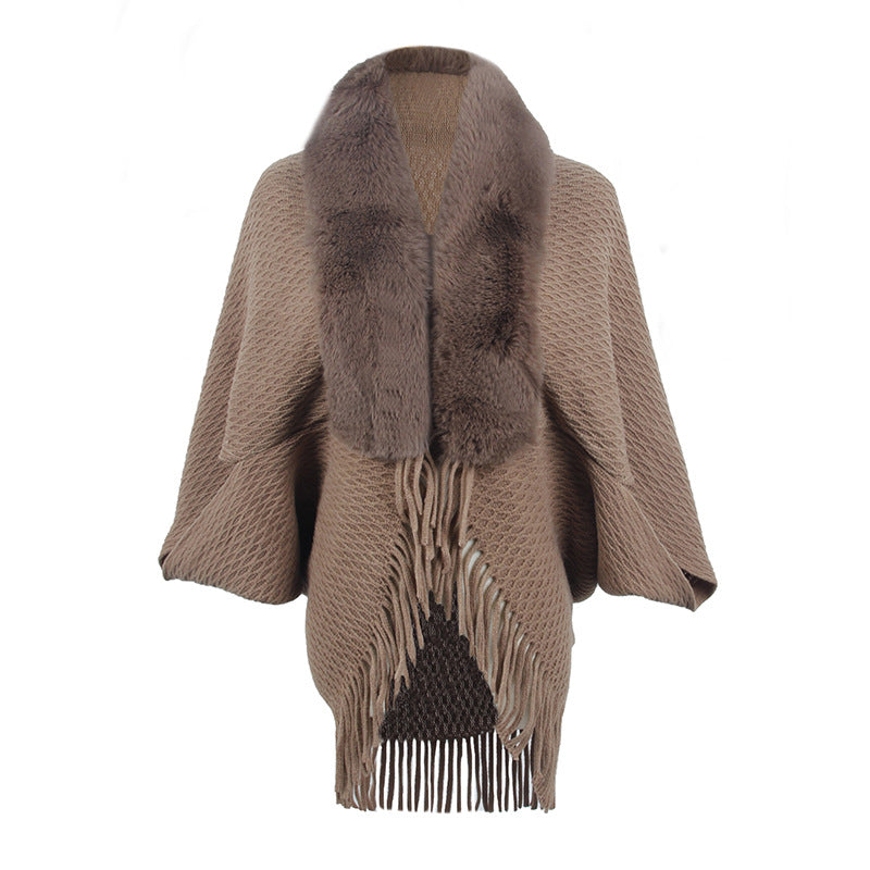 Drizzling Fur Collar Knitted Tassel Cape Coat Women