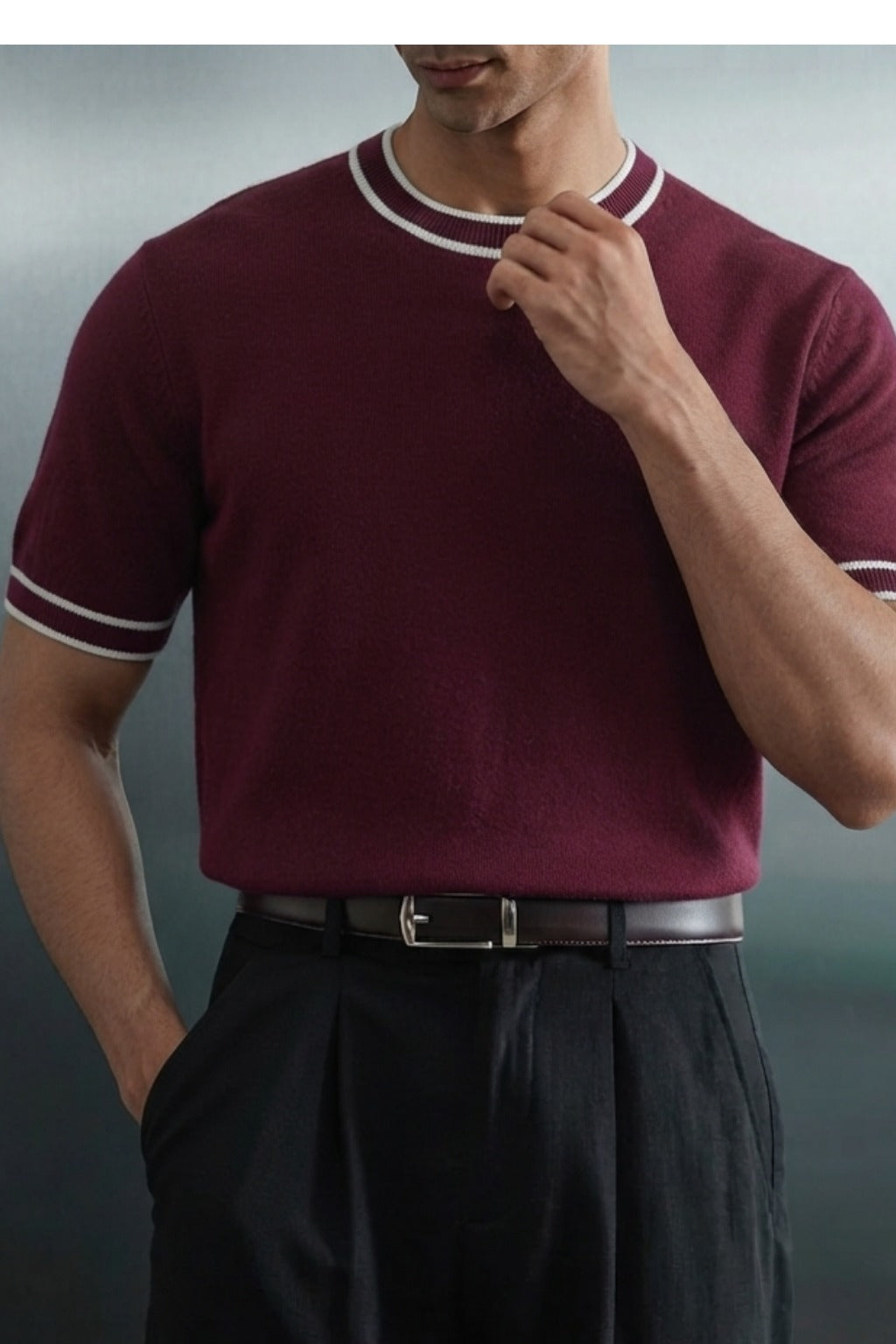 Knitted Crew Neck Tipping T-Shirt