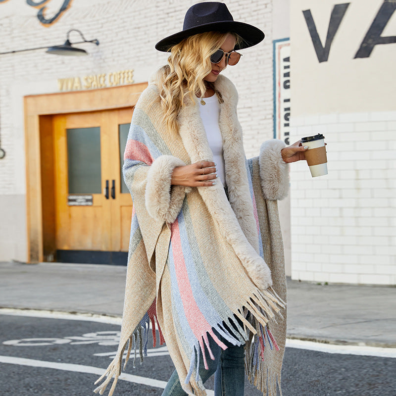 Women's Hooded Cape Autumn And Winter Striped