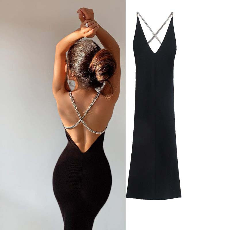 Black Chain-embellished Cross-strap Knitted Dress