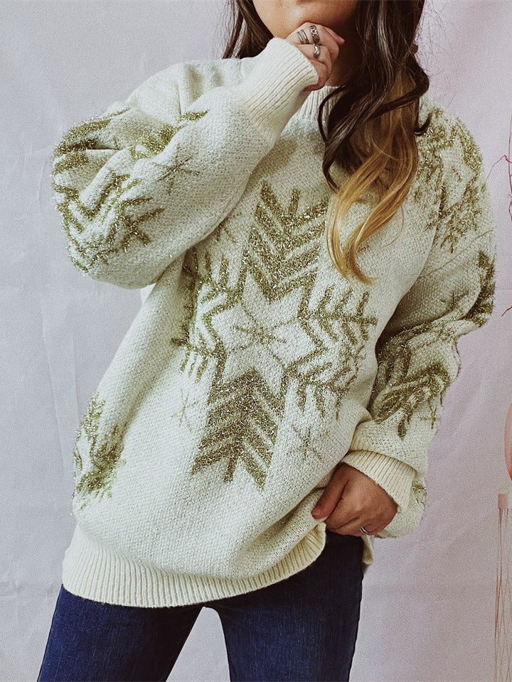 Women's Fashion Loose Gold Line Large Snowflake Christmas Sweater