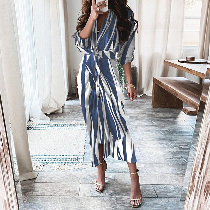 Print Long-Sleeved Lace-Up Single-Breasted Shirt Dress