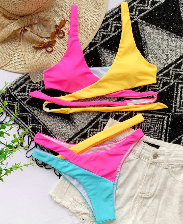 Color Ladies Split Bikini Set Cross Adjustable Strap Swimsuit Stitching Swimwear High Waist Wsummer Bikini Set