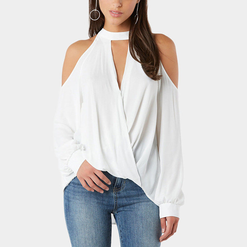 Off-shoulder Halter Button Long Sleeve Women's T-shirt