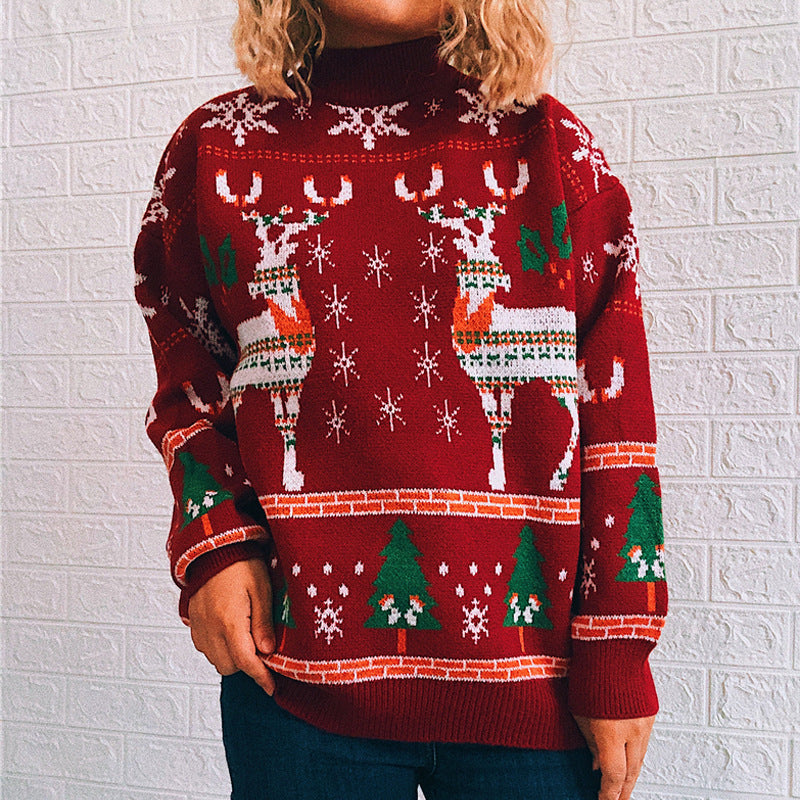 Women's Fashion Christmas Theme Elk Snowflake Christmas Tree Knitted Sweater
