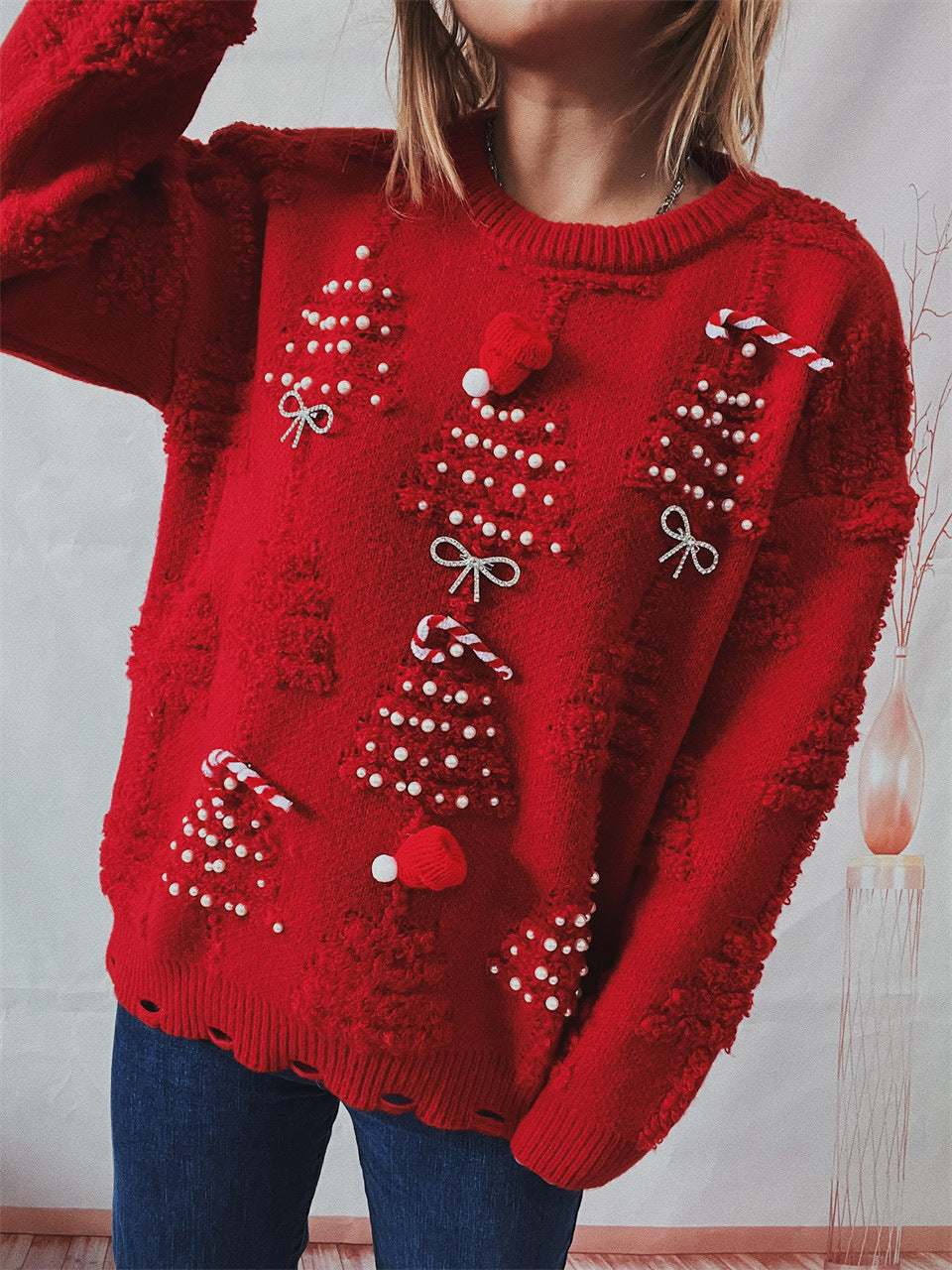 Women's Fashion Handmade Pearl Christmas Theme Sweater